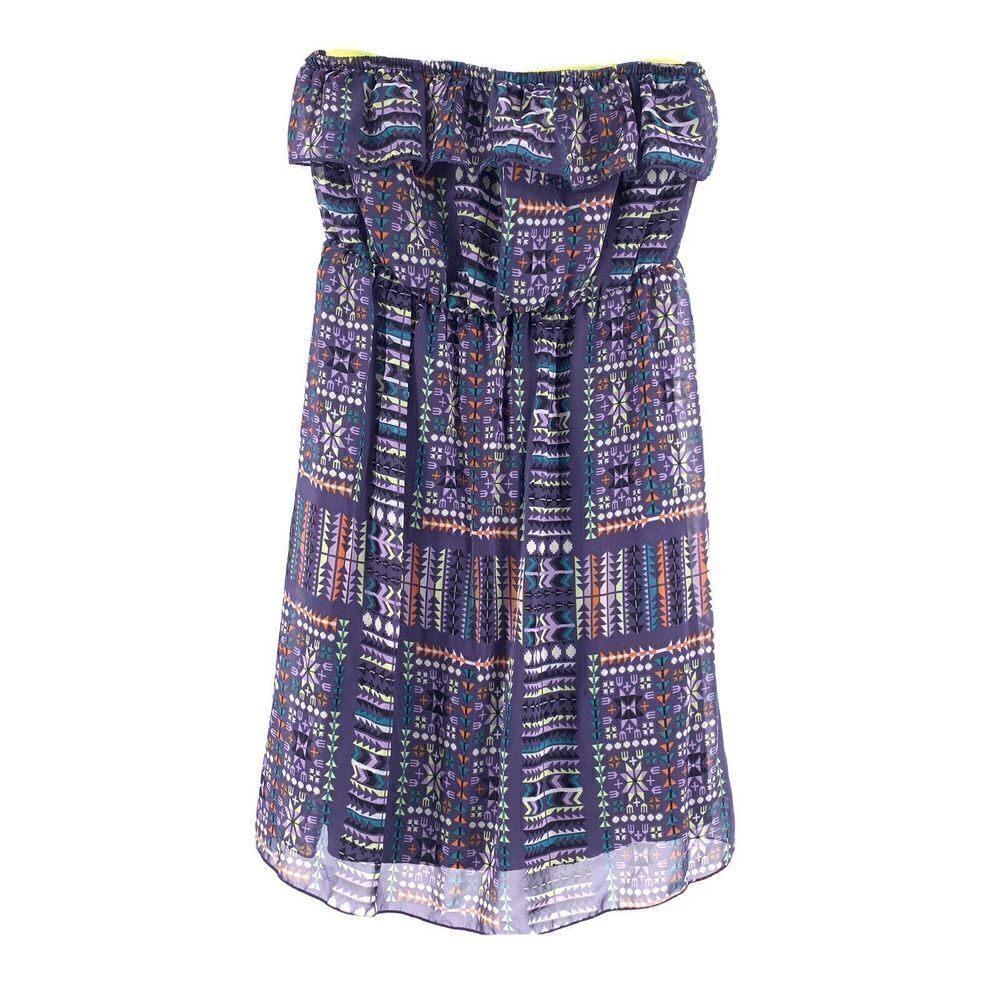 Strapless Ruffle Purple Patterned Neon Mini Dress